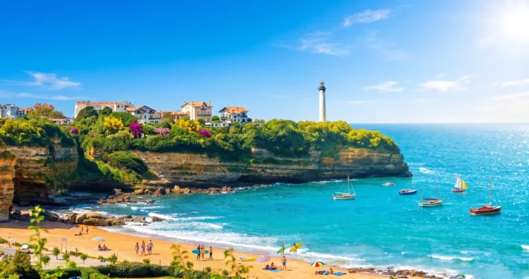 Plage d’Anglet avec falaises, phare et océan Atlantique au Pays basque pour un séjour bord de mer