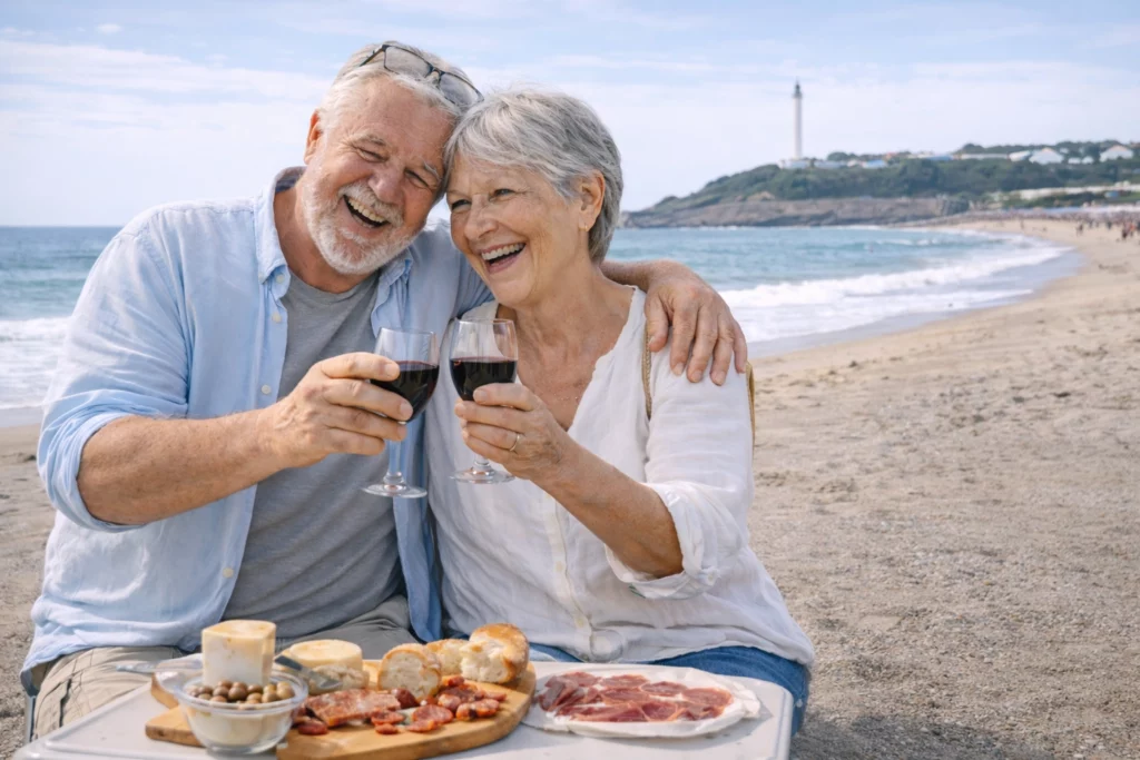 Couple de seniors savourant un apéritif avec vin et charcuterie sur la plage d'Anglet au Pays Basque