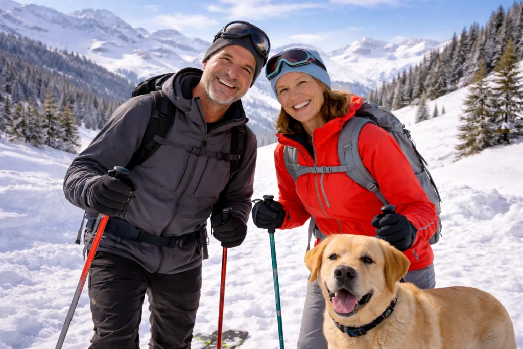 Couple en randonnée raquettes en Savoie avec chien en hiver