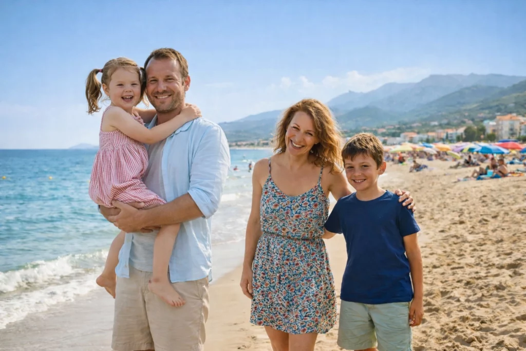 Famille avec deux enfants profitant de vacances à la plage en village vacances Azureva en France