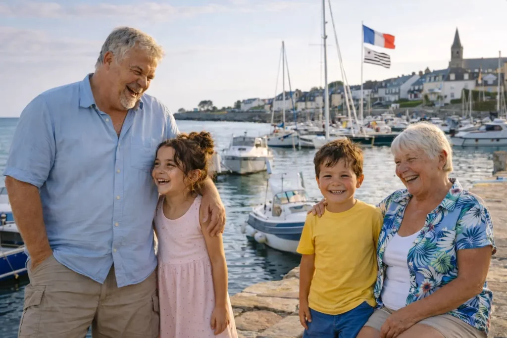 Grands-parents et petits-enfants sur le port d'Arzon - Vacances en famille Golfe du Morbihan