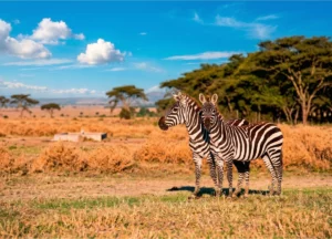 Deux zèbres debout dans la savane au Safari de Sigean, activité famille proche des résidences Azureva.