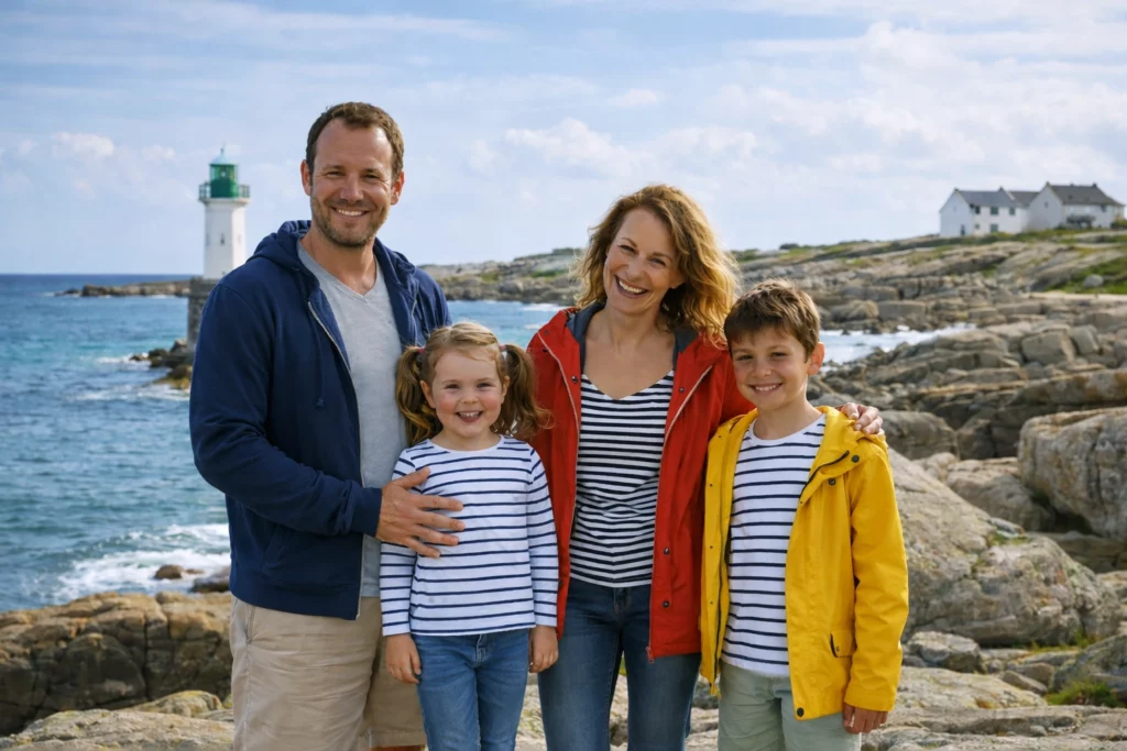 Famille en vacances à Trégunc en Bretagne sur la côte avec phare et rochers