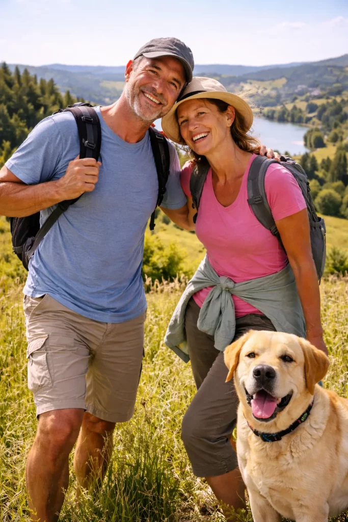 Couple heureux en randonnée avec leur labrador dans les monts du Forez près de Fournols en Auvergne