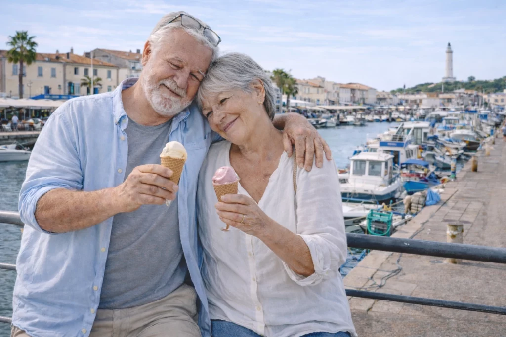 Couple de seniors savourant des glaces sur le port du Grau-du-Roi dans le Gard avec bateaux de pêche et phare