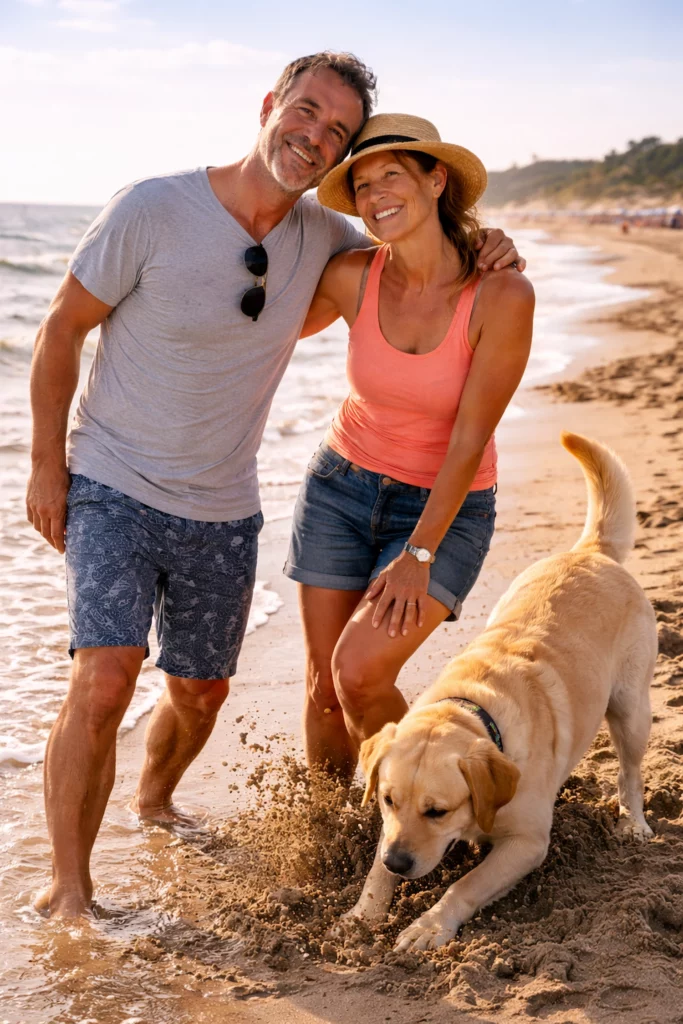 Couple heureux en vacances avec leur labrador sur la plage d'Hauteville-sur-Mer dans la Manche