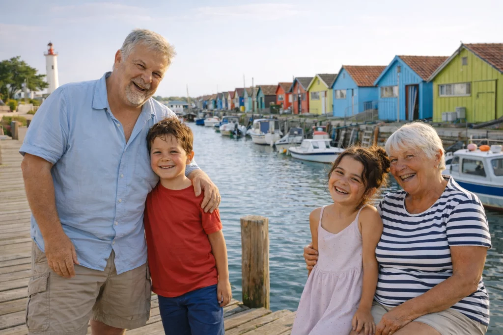 Famille en vacances sur le port aux cabanes colorées de l’île d’Oléron en Charente-Maritime