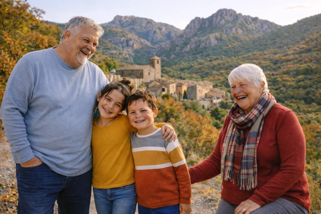 Famille multigénérationnelle heureuse devant un village médiéval perché dans le massif des Maures en automne