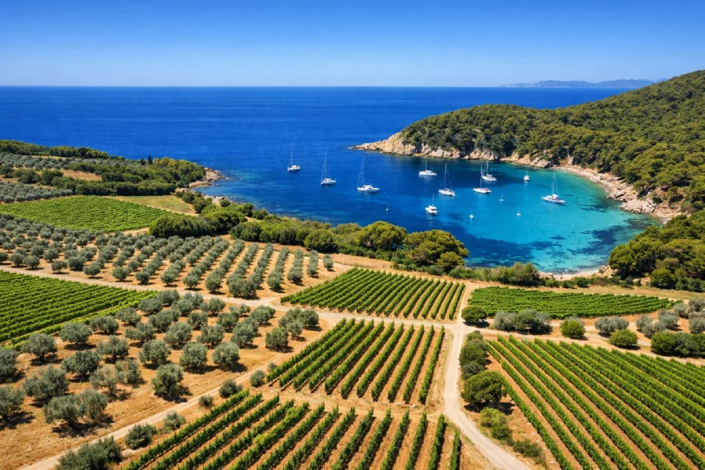 Vignobles de La Londe-les-Maures avec vue sur mer et crique aux eaux turquoise dans le Var