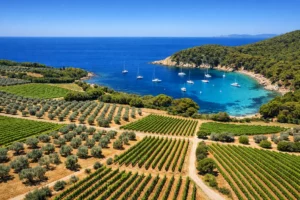 Vignobles de La Londe-les-Maures avec vue sur mer et crique aux eaux turquoise dans le Var