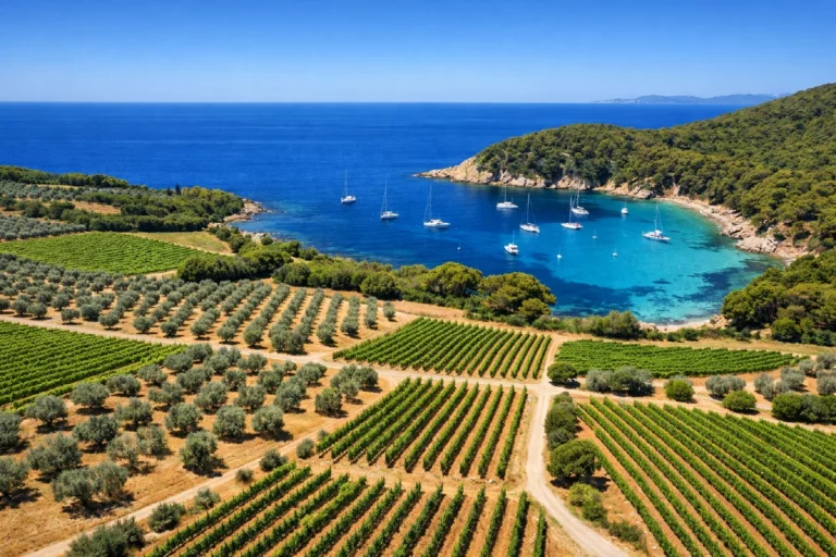 Vignobles de La Londe-les-Maures avec vue sur mer et crique aux eaux turquoise dans le Var