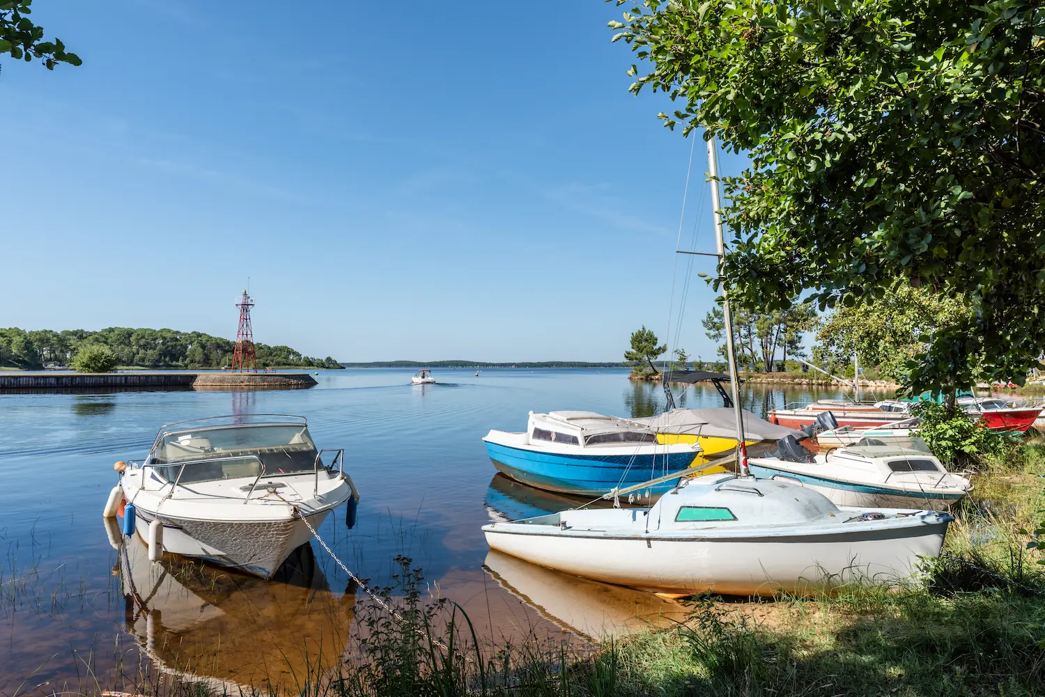 Bateaux amarrés sur le lac de Lacanau dans un cadre naturel