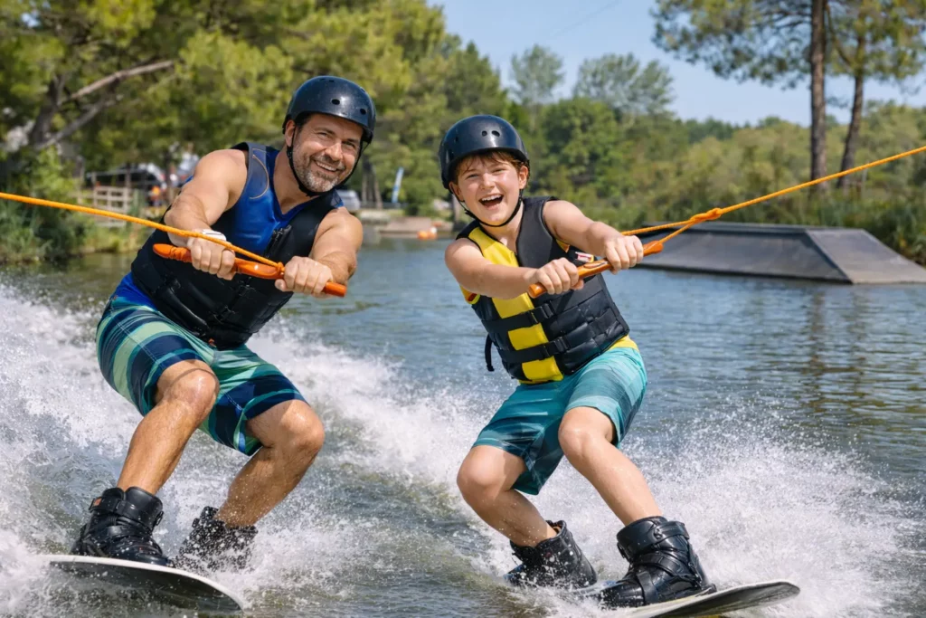 Père et fils pratiquant le wakeboard ensemble sur le lac de Lacanau en Gironde