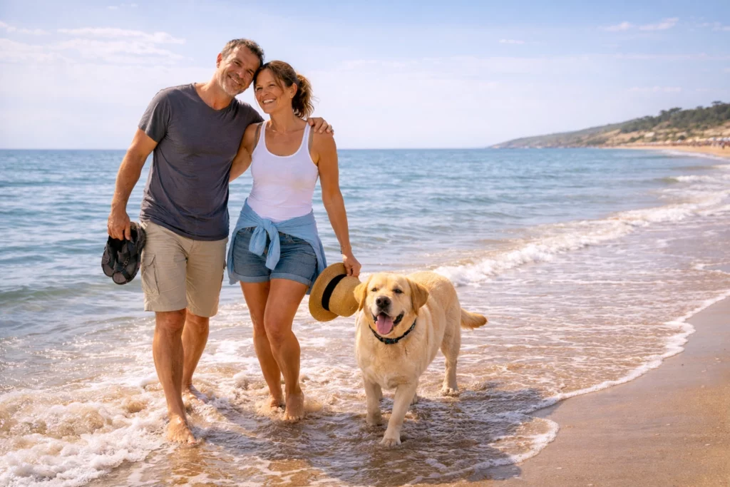 Couple heureux en vacances avec leur golden retriever sur la plage de Longeville-sur-Mer en Vendée