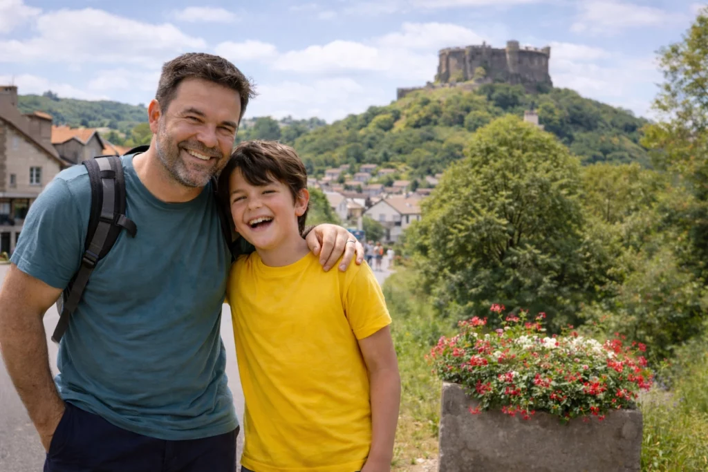 Famille en vacances devant le château de Murol en Auvergne