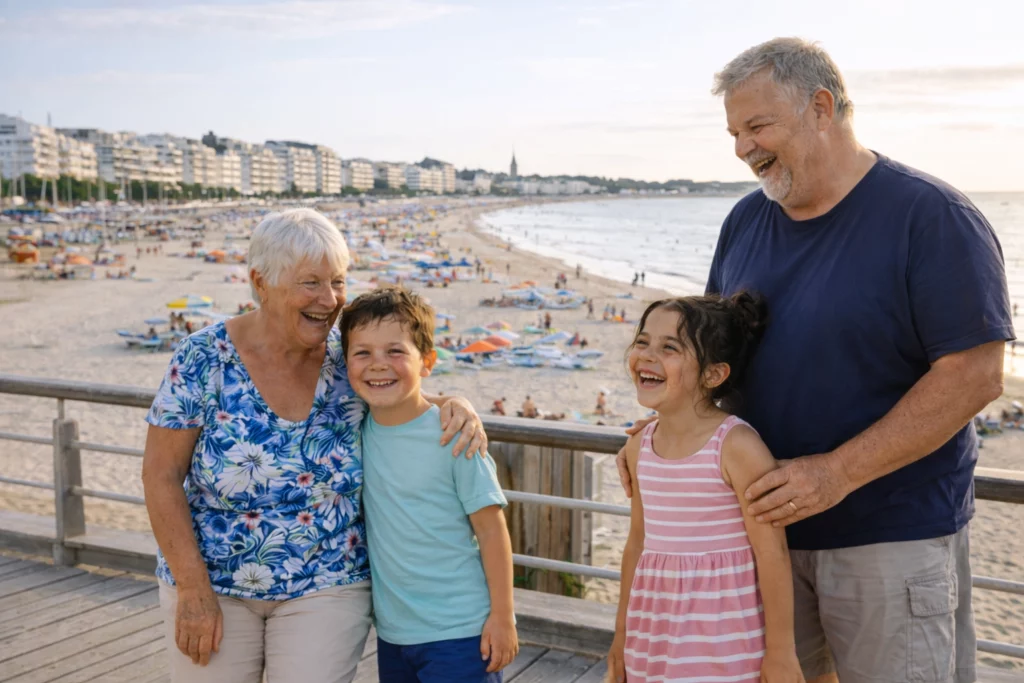 Grands-parents et petits-enfants heureux sur la promenade face à la plage de Pornichet en Loire-Atlantique