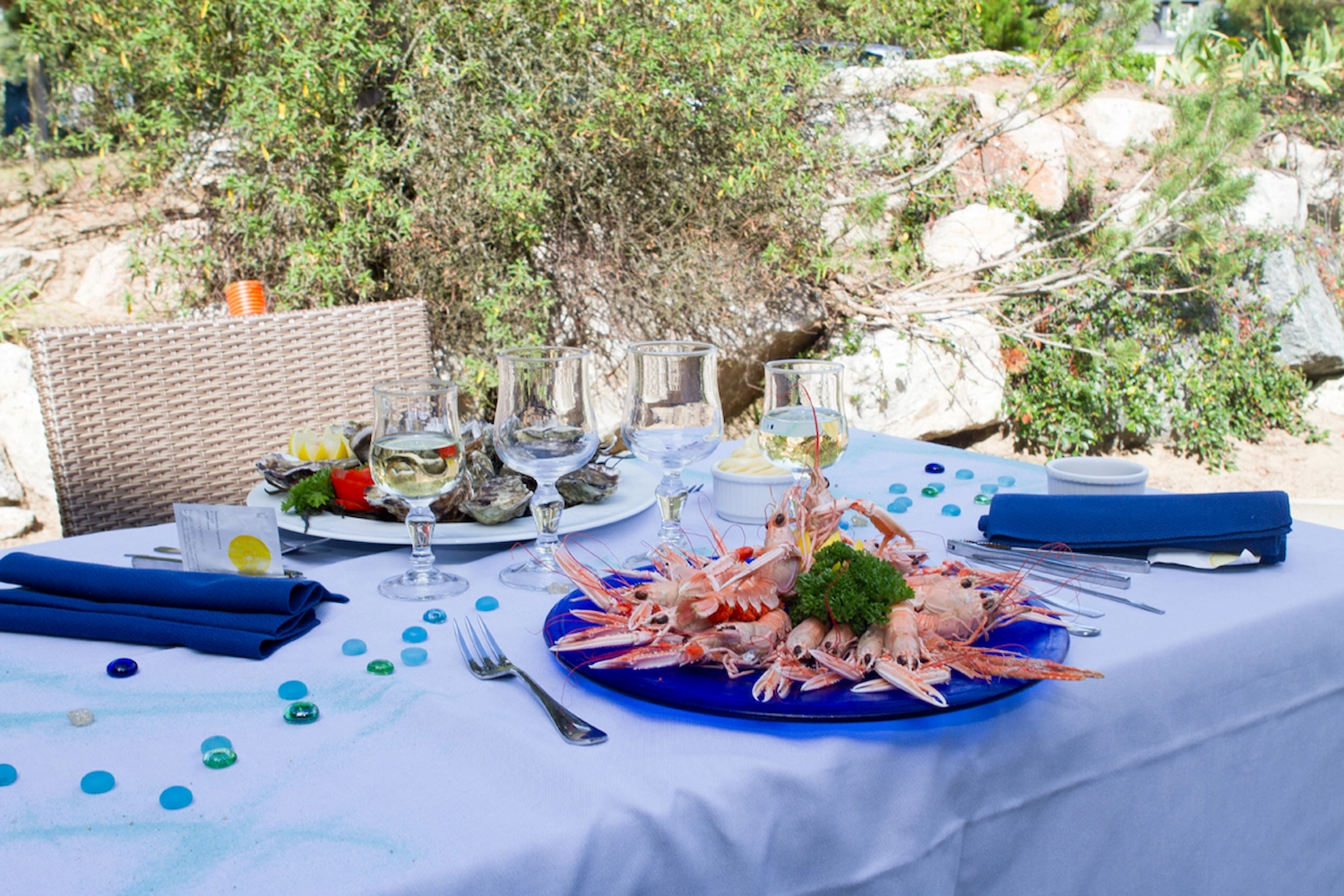 Plateau de fruits de mer et langoustines accompagnés de vin blanc sur une table dressée en bord de mer à Pornichet