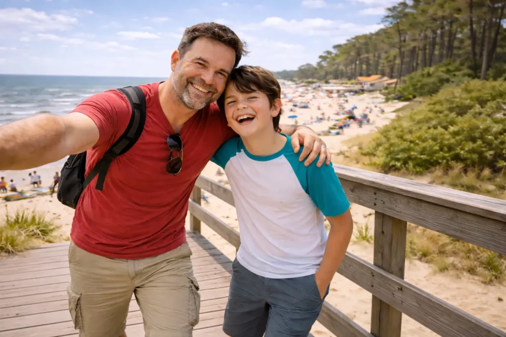 Père et fils en vacances à Ronce-les-Bains sur la plage en Charente-Maritime