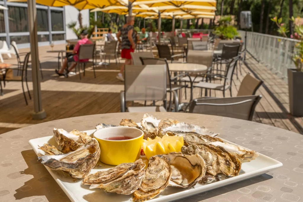 Assiette d'huîtres fraîches du bassin de Marennes-Oléron servie sur la terrasse ensoleillée d'un restaurant à Ronce-les-Bains