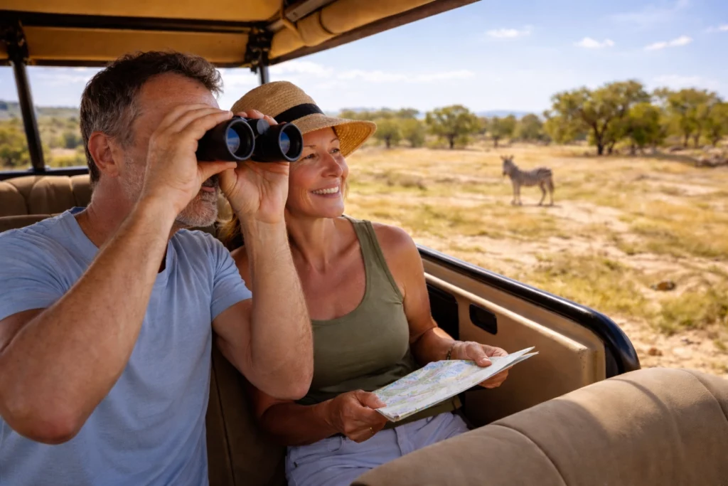 Couple observant les animaux aux jumelles lors d'un safari en voiture à la Réserve Africaine de Sigean