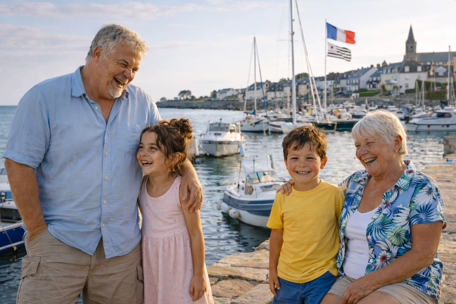 Grands-parents et petits-enfants heureux sur le port d'Arzon dans le Morbihan avec voiliers et village breton en arrière-plan