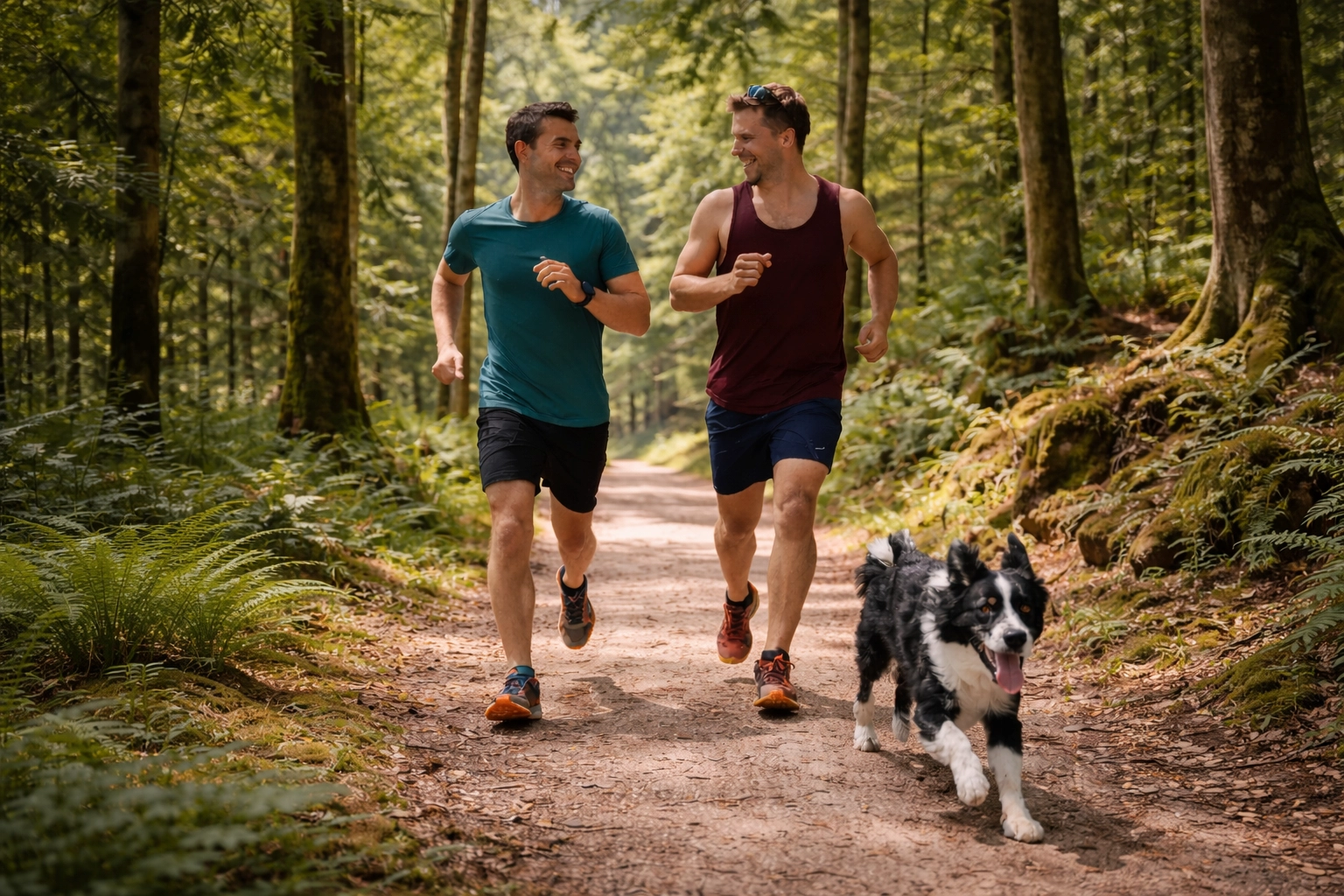 Deux hommes faisant un jogging avec leur chien dans la forêt vosgienne à Bussang
