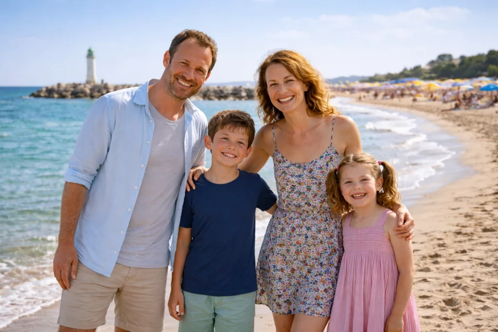 Famille heureuse en vacances sur la plage du Cap d'Agde avec le phare de la jetée en arrière-plan