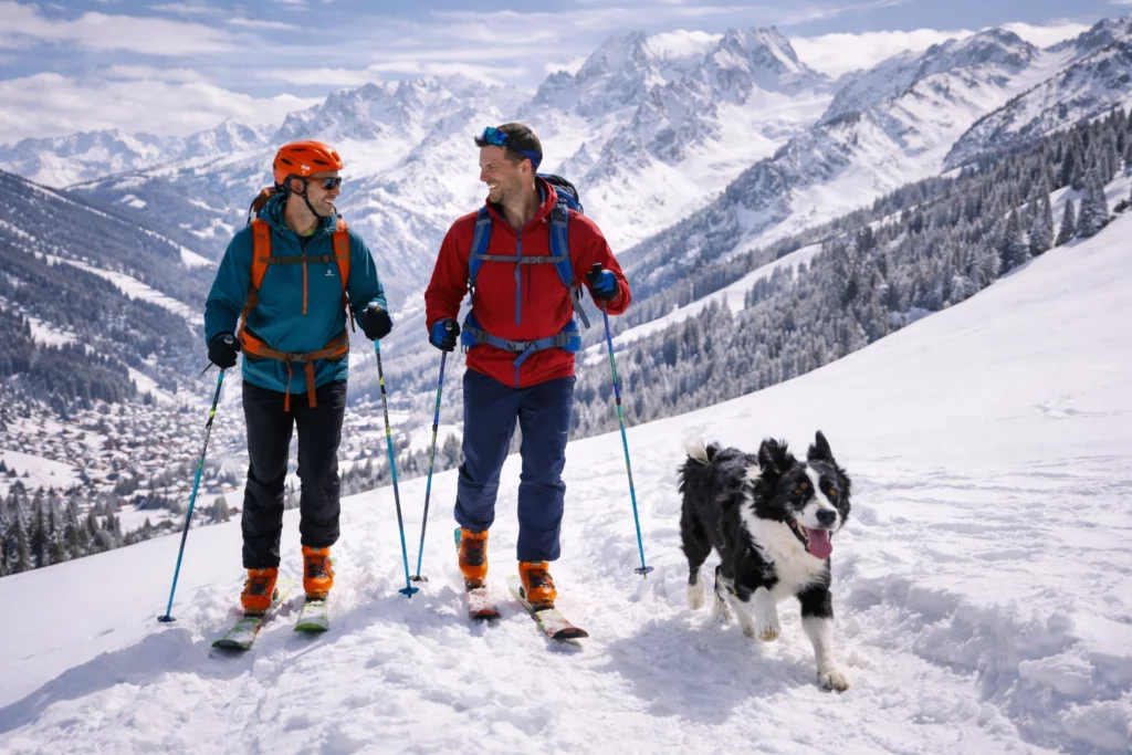 Deux skieurs de randonnée avec leur chien border collie sur les pentes enneigées de La Clusaz en Haute-Savoie