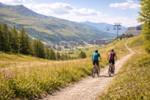 Balade en VTT aux Menuires dans les Alpes avec vue sur la vallée pour un séjour montagne été