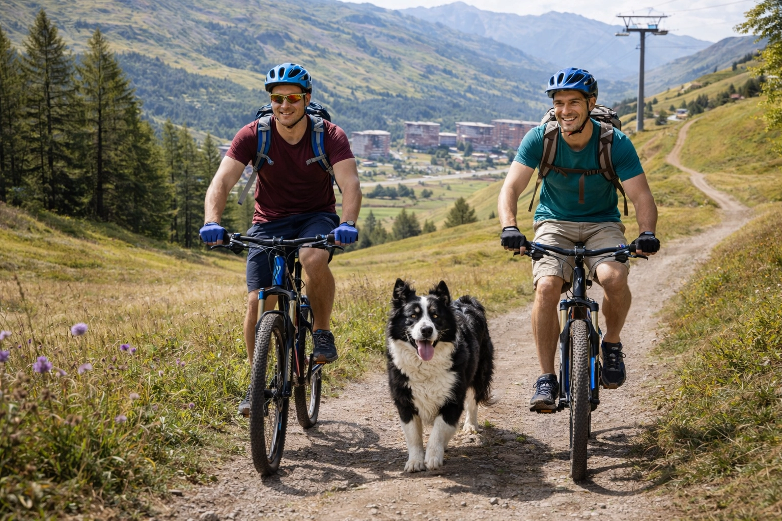 Deux cyclistes en VTT avec leur chien border collie sur les sentiers des Menuires en Savoie