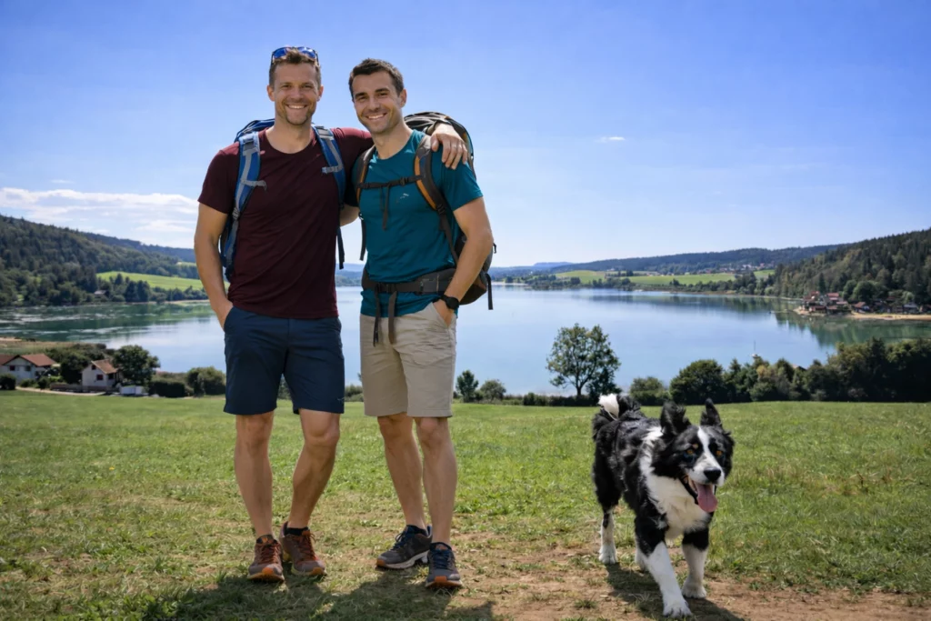Deux randonneurs avec leur chien admirant le lac de Saint-Point à Métabief dans le Doubs