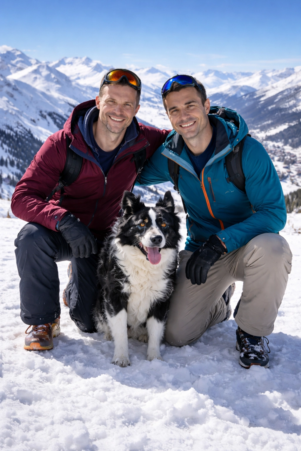 Deux randonneurs avec leur chien border collie au sommet enneigé de Piau-Engaly dans les Hautes-Pyrénées