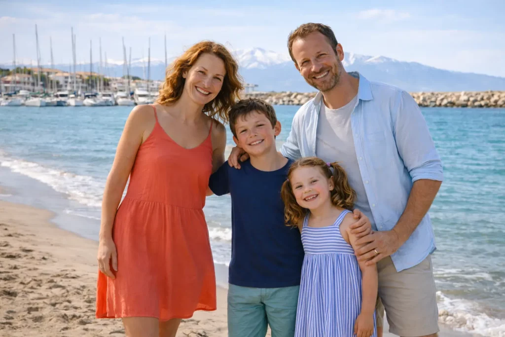 Famille heureuse en vacances sur la plage de Saint-Cyprien avec le port de plaisance et les Pyrénées en arrière-plan