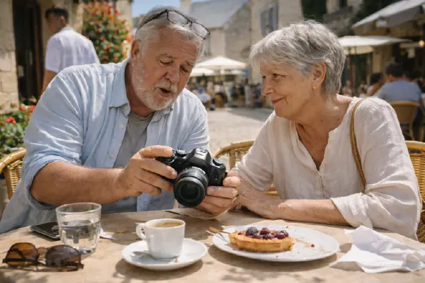 Couple de retraités explorant un village