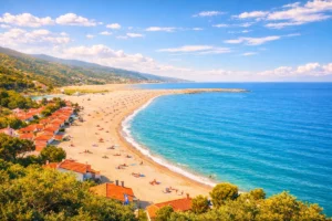 Grande plage d’Argelès-sur-Mer avec sable fin, mer Méditerranée et villas en bord de mer