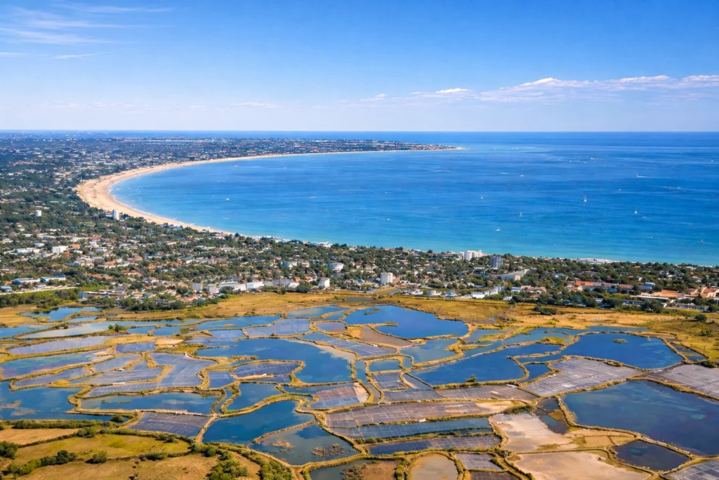 Vue aérienne de la baie de Pornichet et des marais salants en Loire-Atlantique pour un séjour en bord de mer
